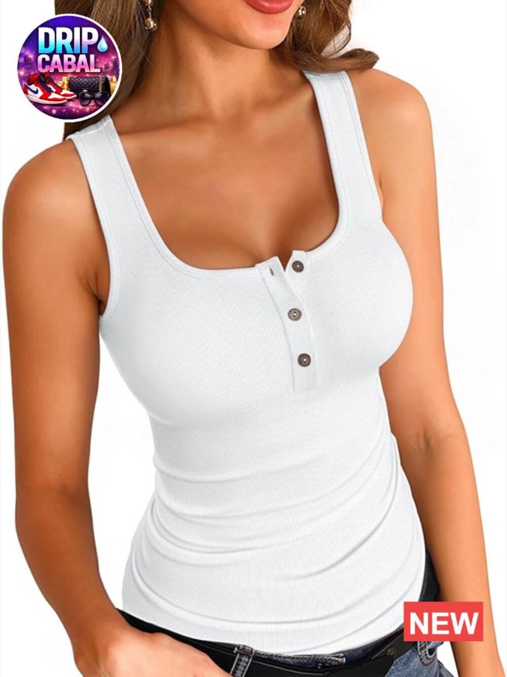Ribbed Knit Sleeveless Tank Top with Button Scoop Neck
